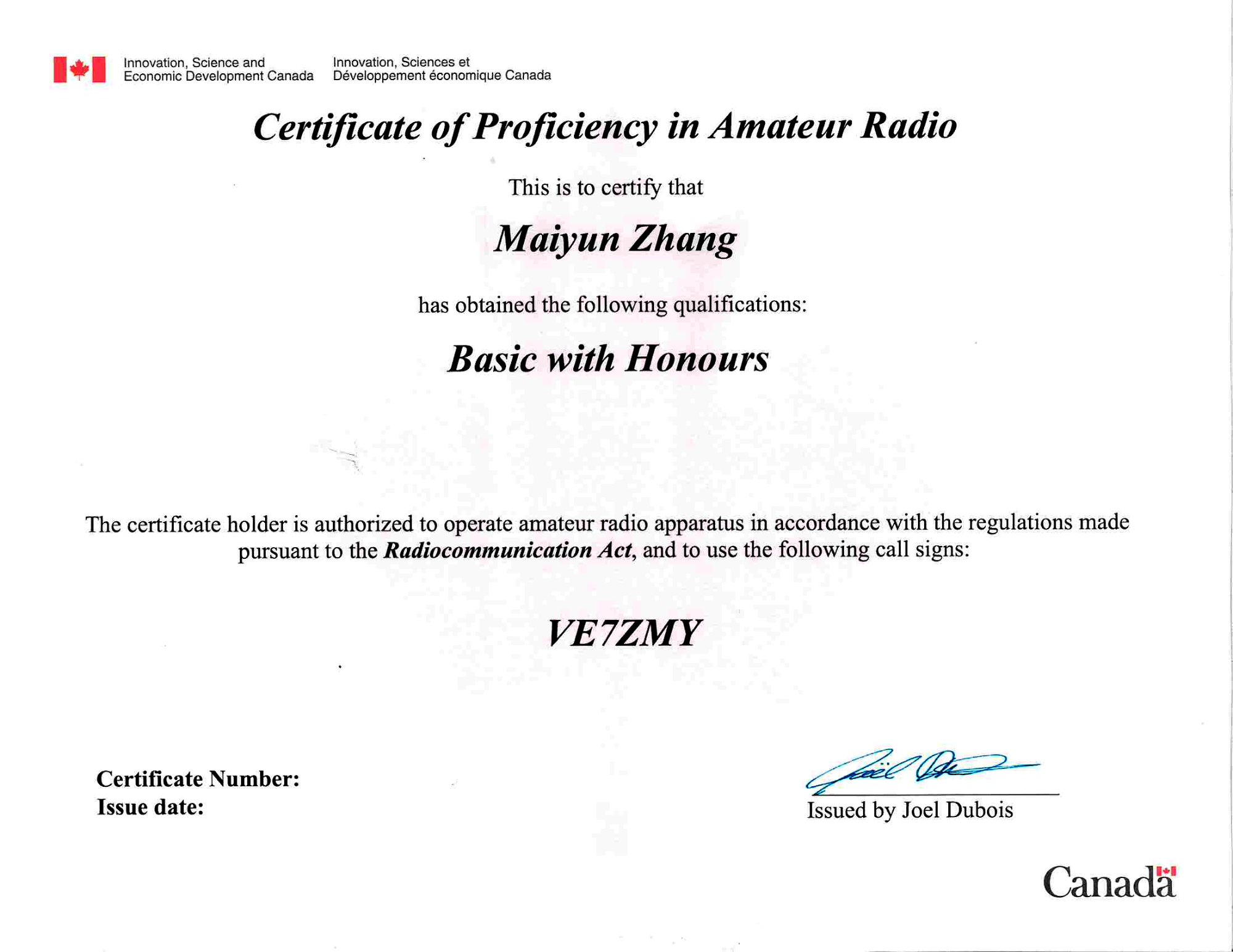 Canadian amateur radio certificate